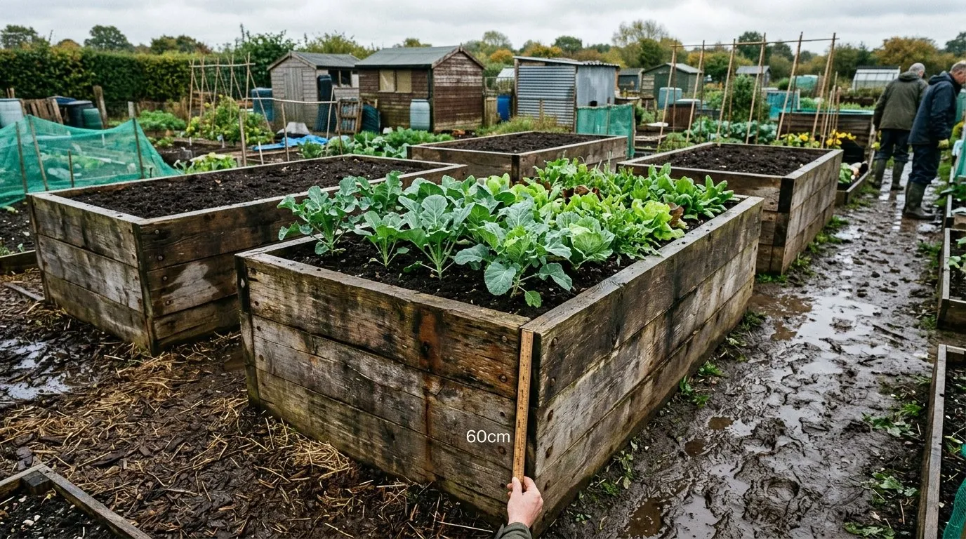 Tall 60cm raised beds made of scaffold boards on a flood-prone UK allotment plot