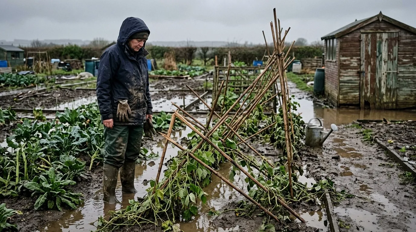 A UK allotment plot during flood recovery with mud streaks on plants and broken bean canes