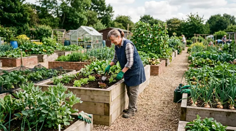 Older UK gardener tending raised beds on adapted allotment plot with wide paths and no-bend planting in early summer