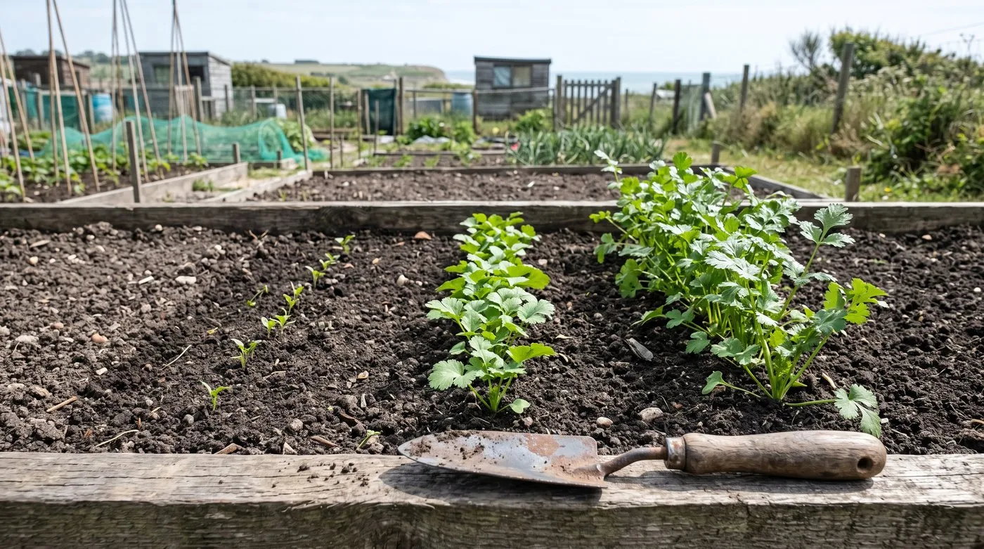 Three short rows of coriander at different growth stages in the front strip of an allotment herb bed