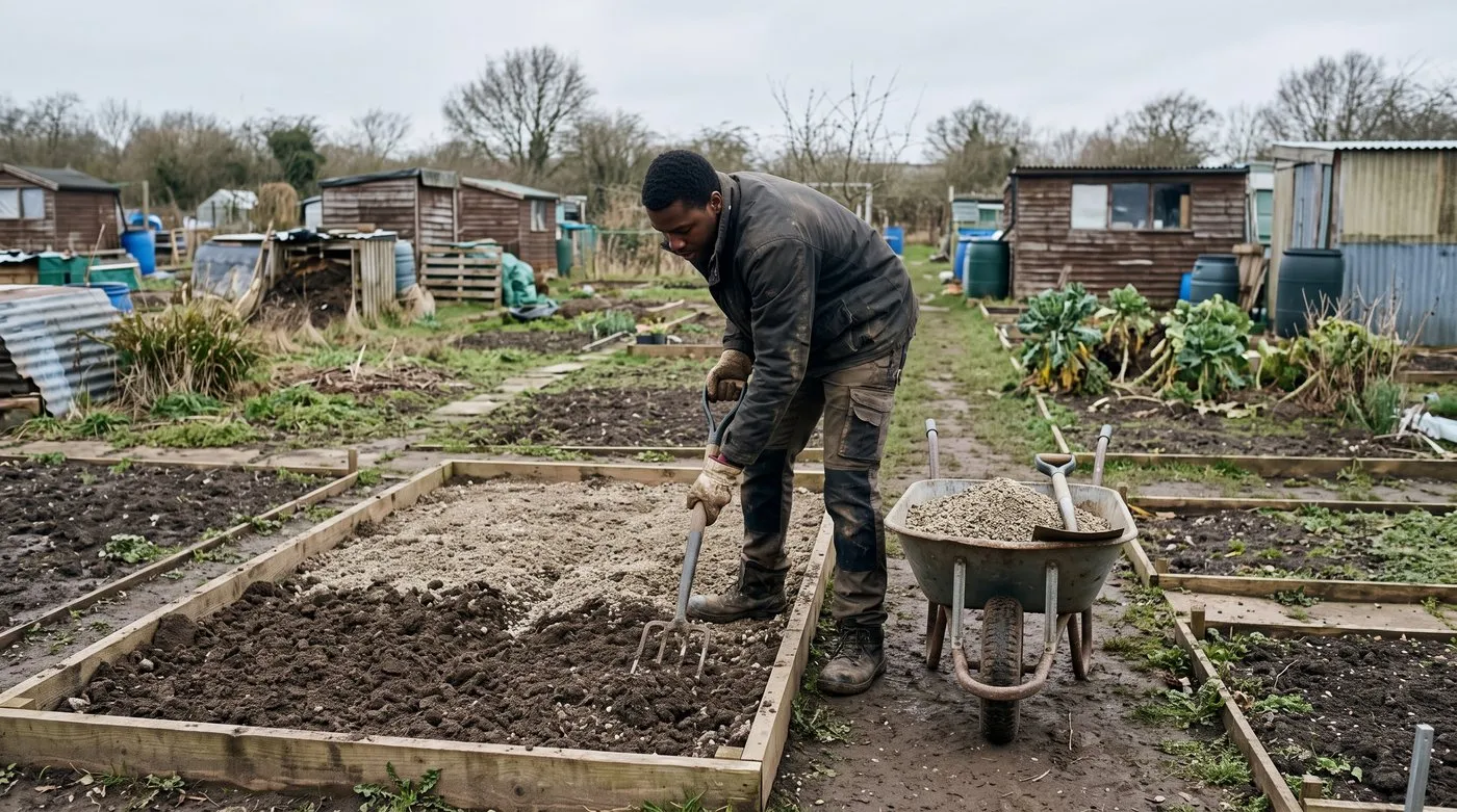 Gardener forking coarse grit into clay soil in an empty allotment bed in early spring
