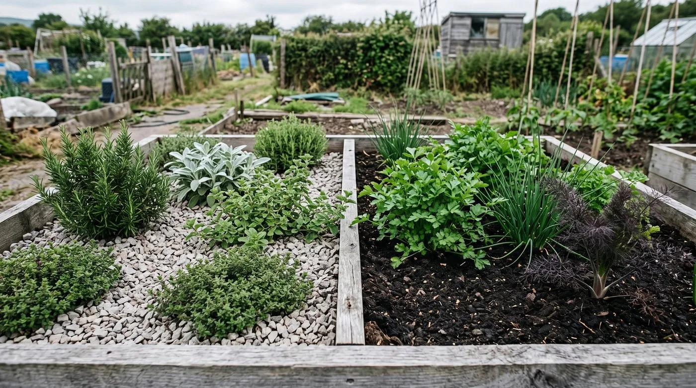 Allotment herb bed split into a gravel-mulched half with rosemary and thyme and a compost half with parsley and chives