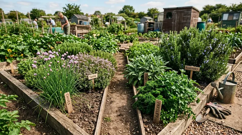 A productive UK allotment herb bed in summer with rosemary thyme chives sage and parsley arranged in a square layout with