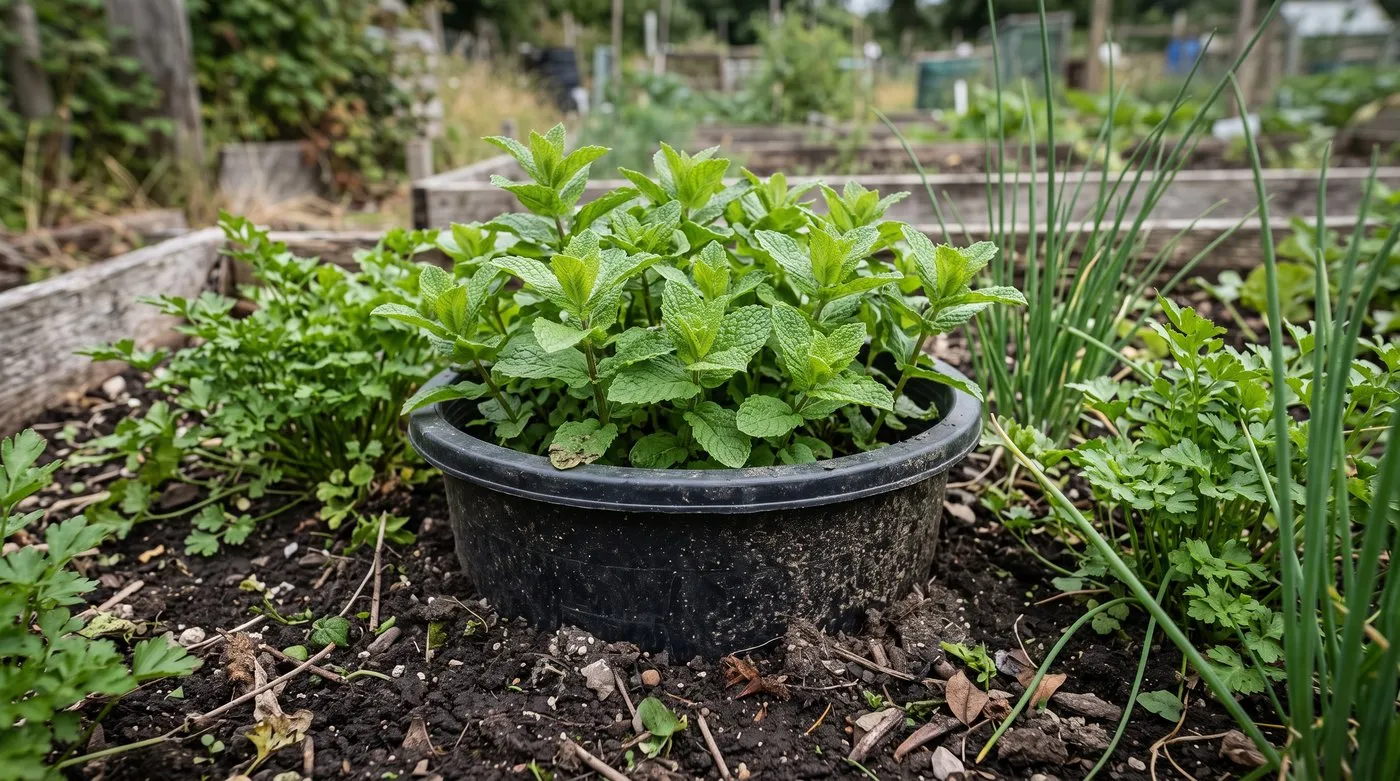 Spearmint growing in a bucket sunk into an allotment herb bed with the rim just above the soil