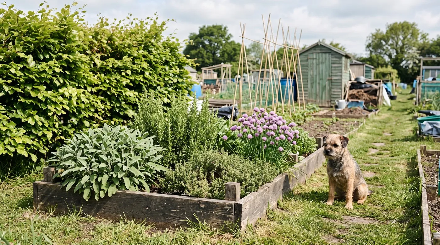 Allotment herb bed in full sun beside a grass path, sheltered by a hedge, with a terrier sitting nearby