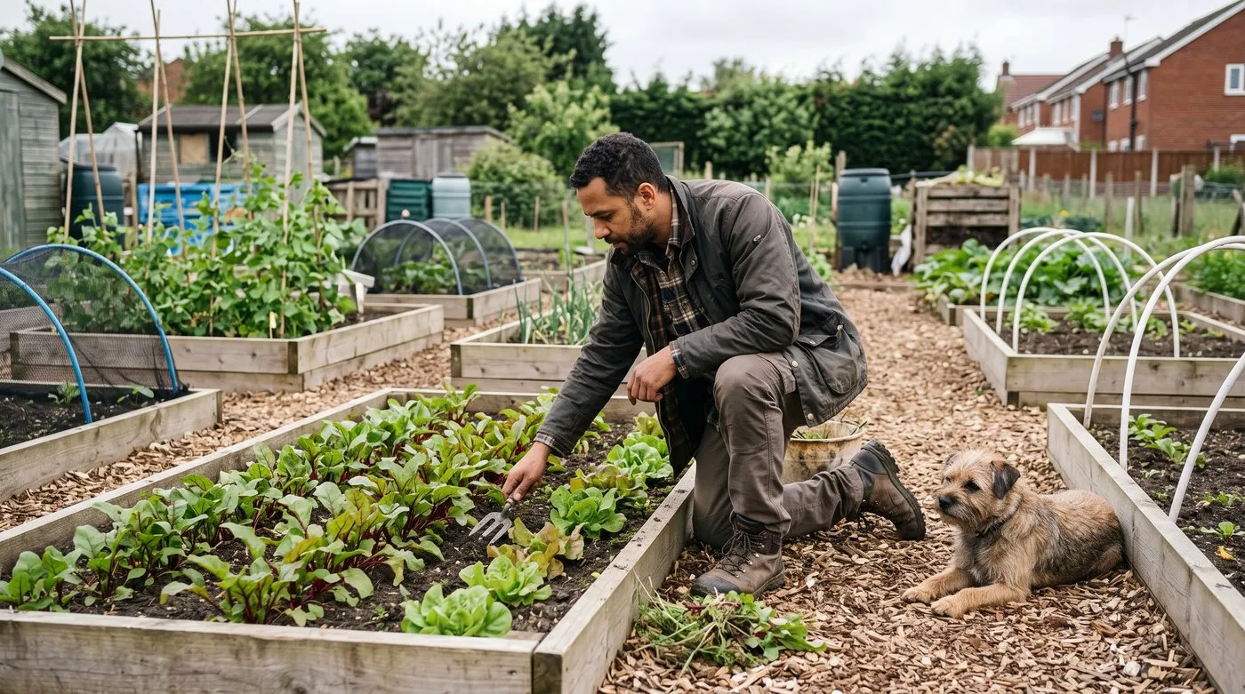Gardener kneeling on a path reaching the middle of a 1.2m wide allotment bed, with a terrier lying beside him