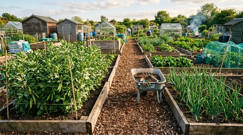 UK allotment plot with woodchip and slab paths between raised beds in late spring with a wheelbarrow on the central spine