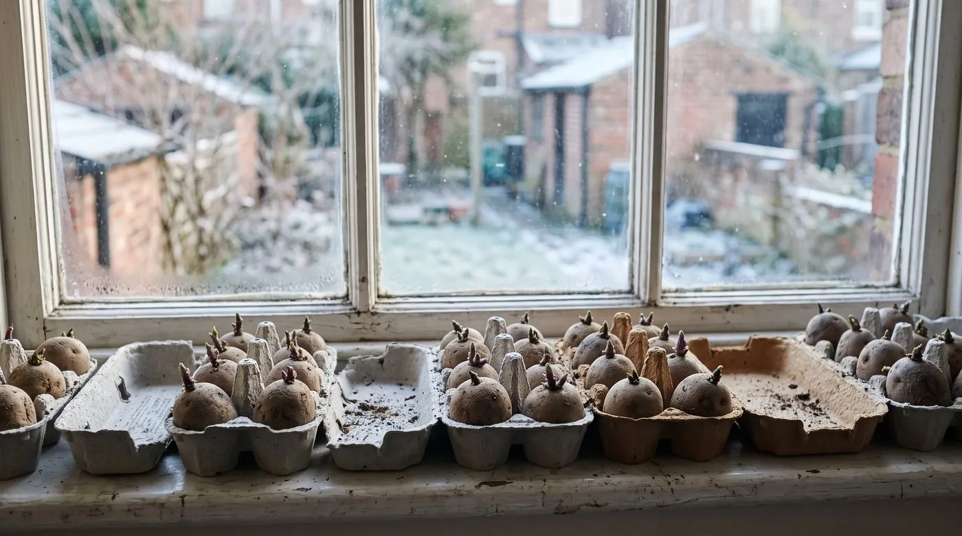 Seed potatoes chitting in egg boxes on a cool windowsill, a January job in the allotment planner