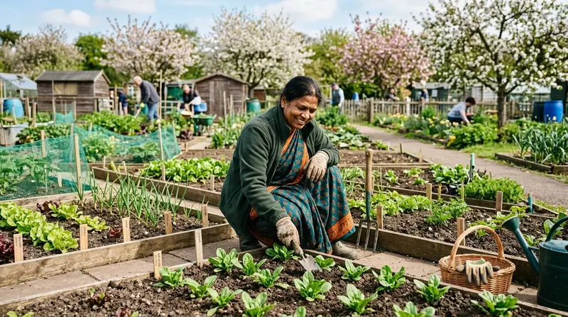 Allotment planner showing well-organised UK allotment plot in spring with neat vegetable rows