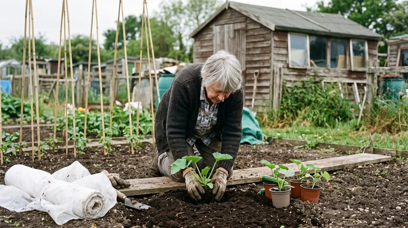 Older gardener planting out a hardened-off courgette on an allotment in late May, with fleece ready nearby
