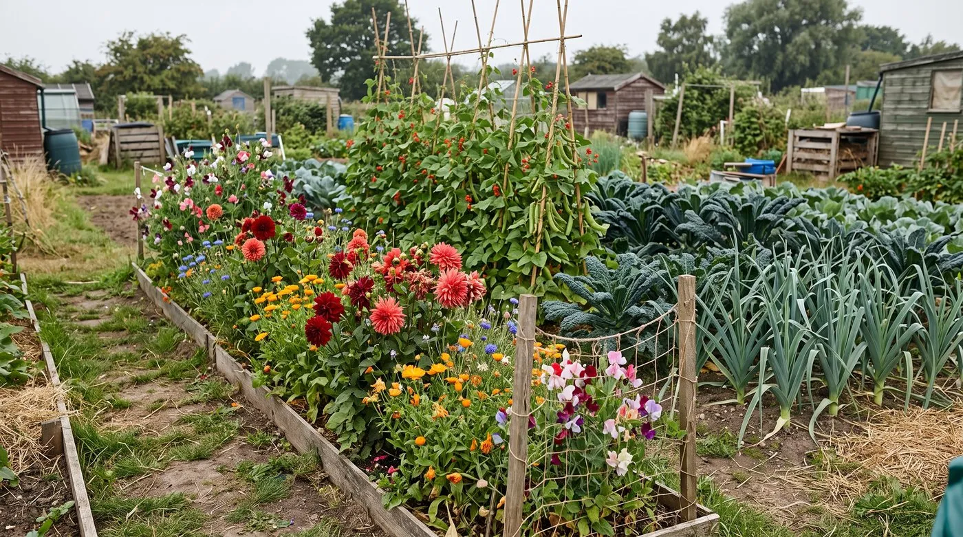 A small cut flower bed of dahlias and cornflowers alongside vegetable rows on a UK allotment, within the rules