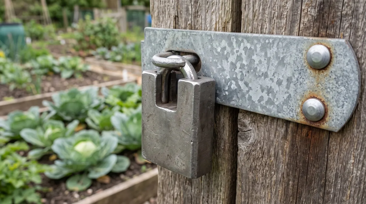 Closed-shackle steel padlock on a heavy hasp fixed with coach bolts to an allotment shed door