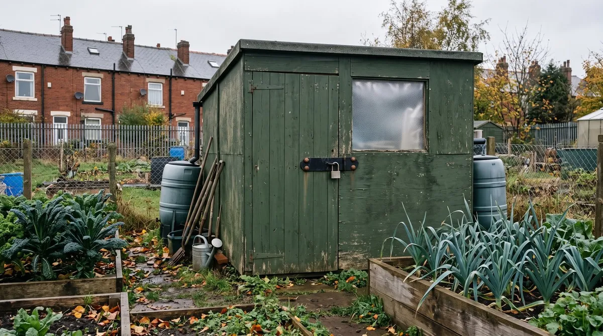 Allotment shed door secured with a closed-shackle padlock on a heavy bolted hasp