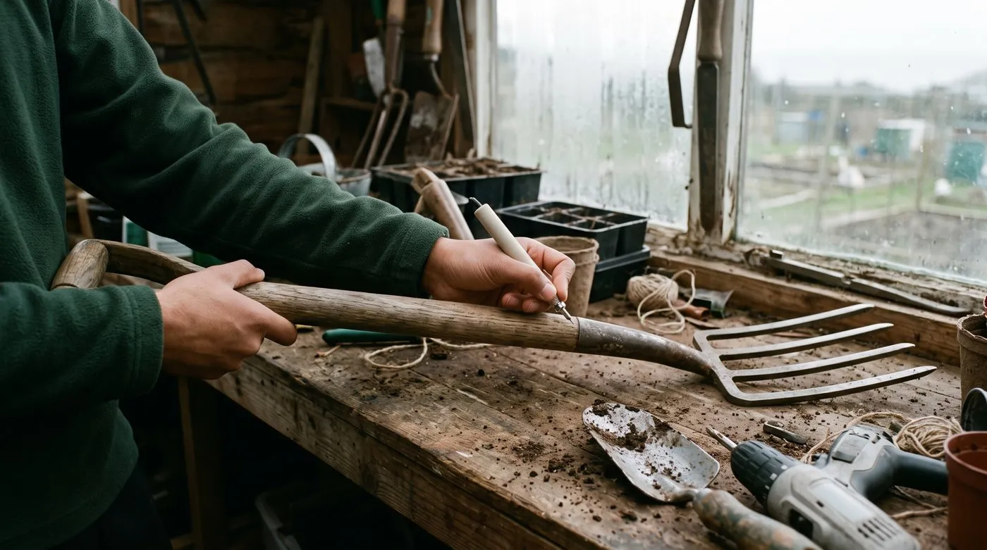 Allotment holder engraving a postcode onto the wooden handle of a garden fork at a shed bench