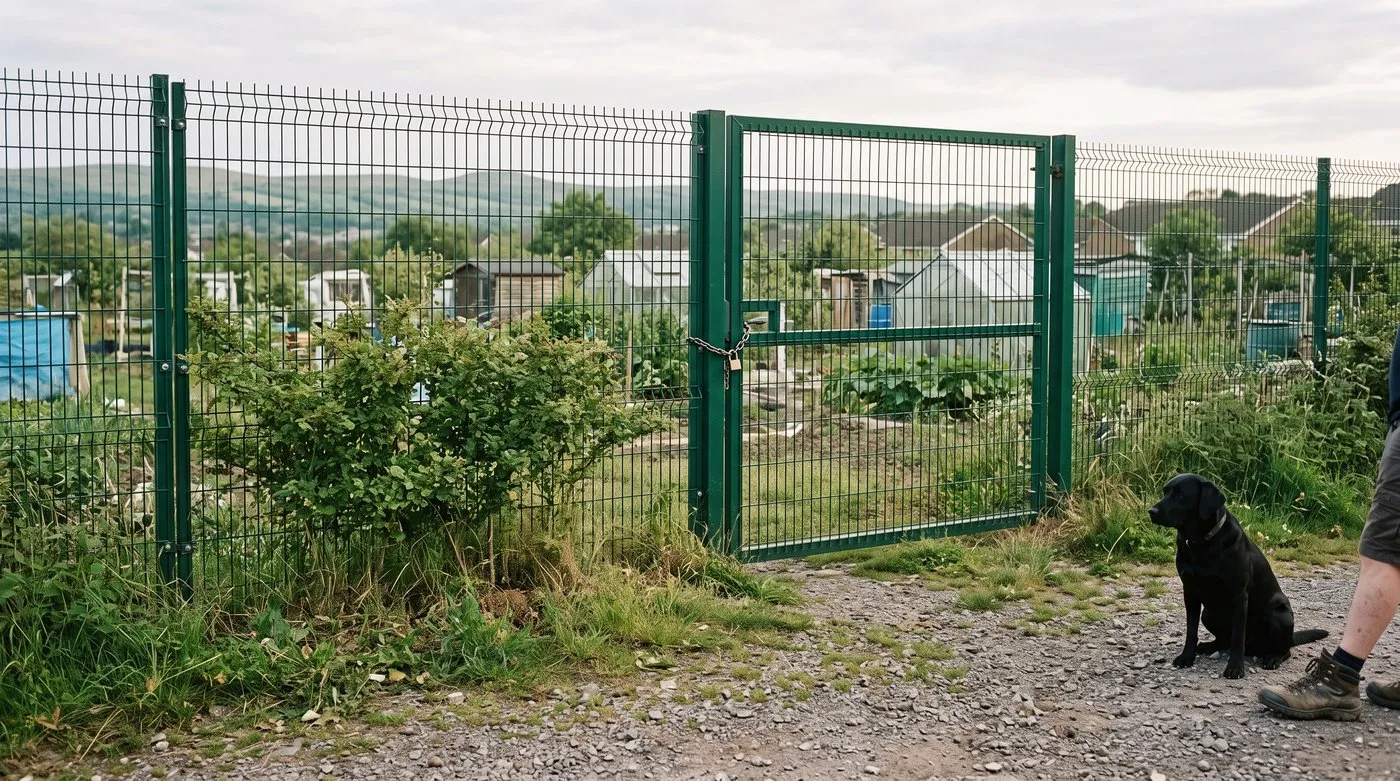 Locked green mesh gate and fence at an allotment site entrance, with shrubs along the fence line