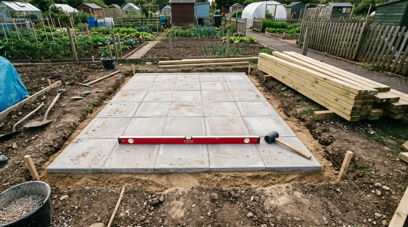 Foundation base for a new UK allotment shed showing level paving slabs laid on a compacted sand-and-cement bed with a spirit level and rubber mallet