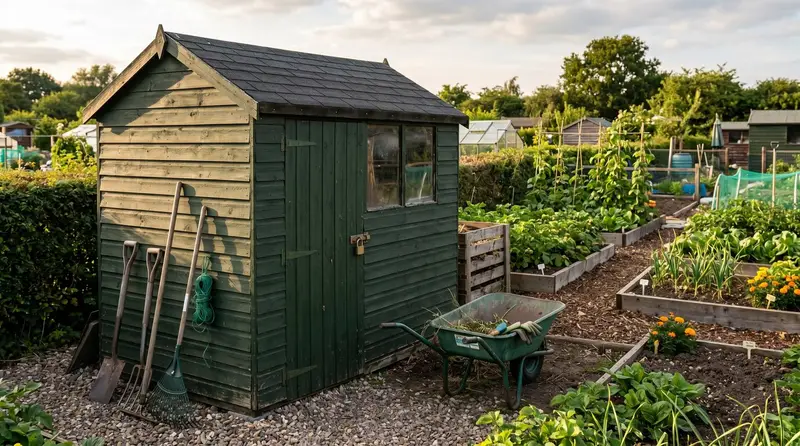 Typical 6x4 timber overlap shed in dark green on a UK allotment plot with tools and raised beds visible