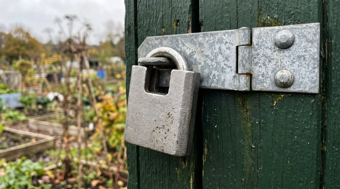 Closed-shackle padlock on a bolted galvanised hasp on a green timber allotment shed door