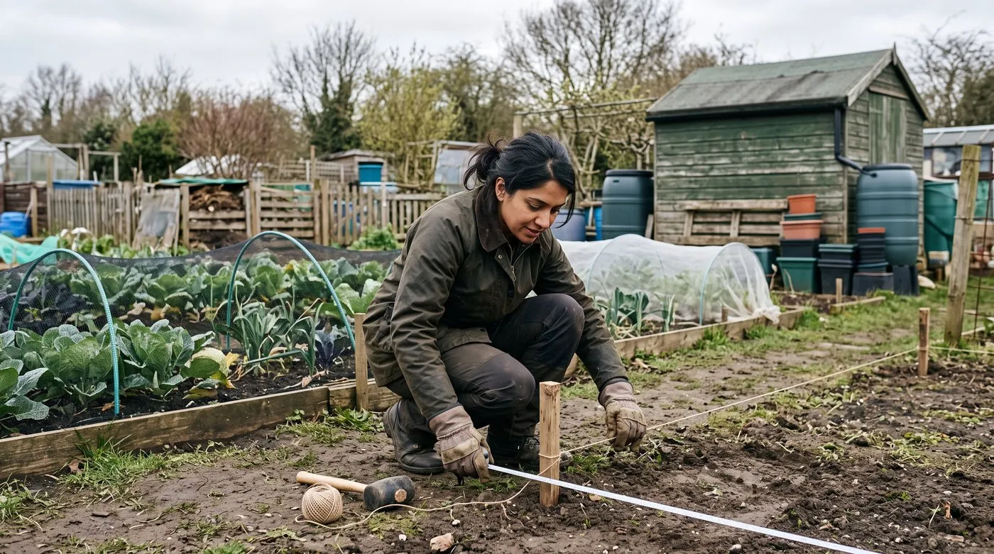 Woman measuring out a shed spot with tape, pegs and string at the end of an allotment plot