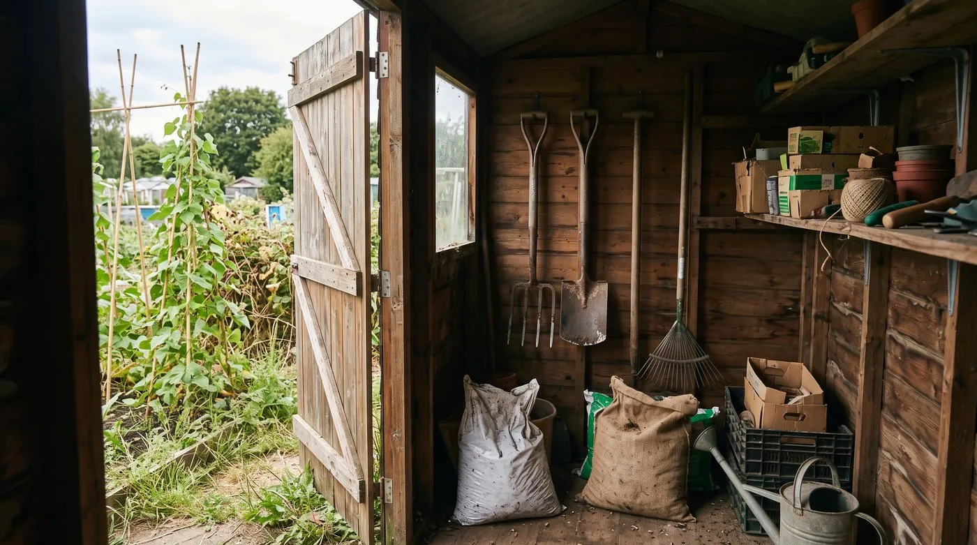 Open door of a small timber allotment shed with a fork, spade and rake on the wall and seed boxes on a shelf