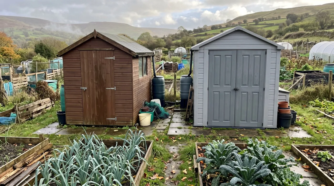 Timber tongue-and-groove shed beside a grey plastic shed on neighbouring allotment plots