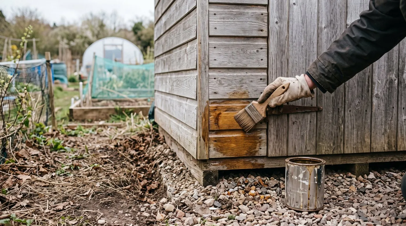 Brushing wood treatment onto the base boards of an allotment shed, with soil cleared away from the bottom