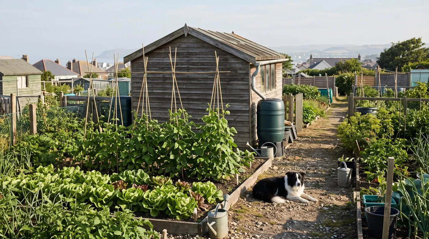 Allotment shed at the end of a plot with a gutter feeding a water butt and a dog lying on the path