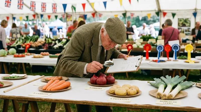 A UK allotment show judge in a flat cap and tweed jacket examining matched onions with a magnifying glass at a trestle table