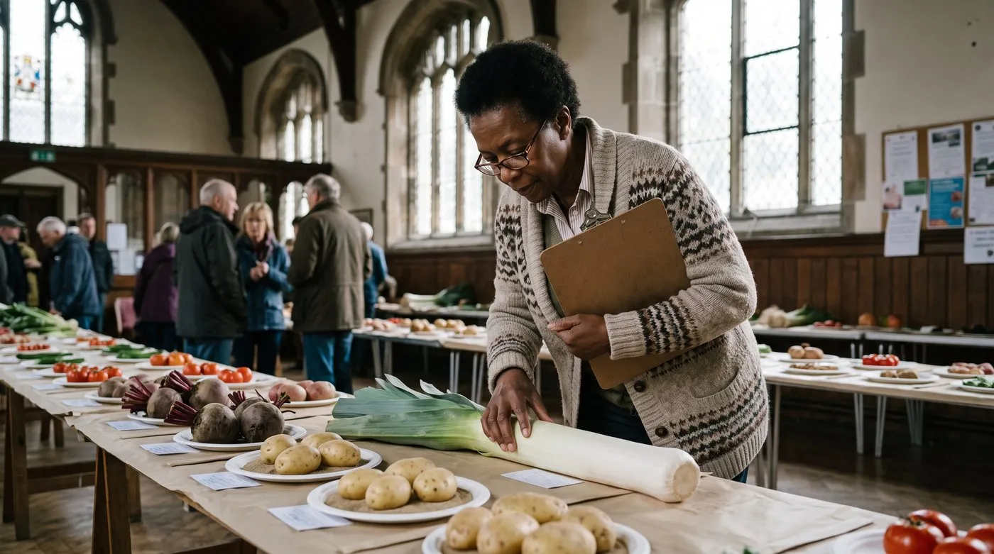 Show judge turning a blanched leek on a bench to check its condition among plates of vegetables