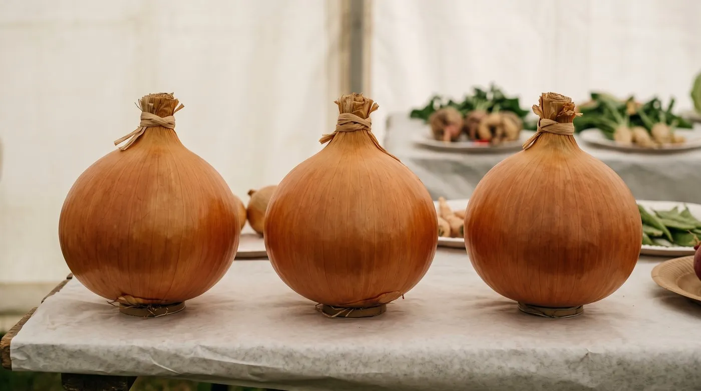 Three matched exhibition onions with raffia-tied necks staged on rings on a show bench