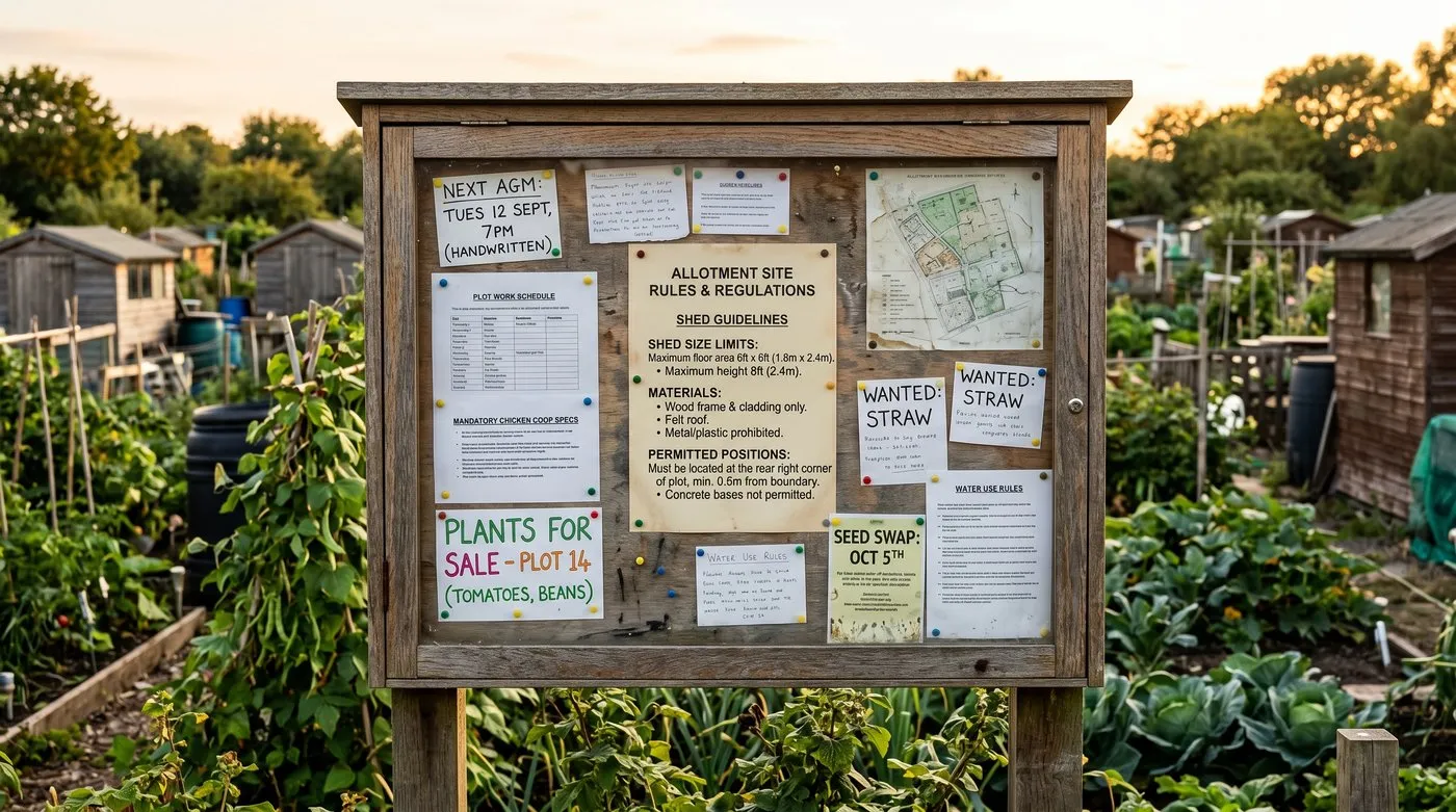 UK allotment site noticeboard showing council rules pinned about shed size limits materials and permitted positions