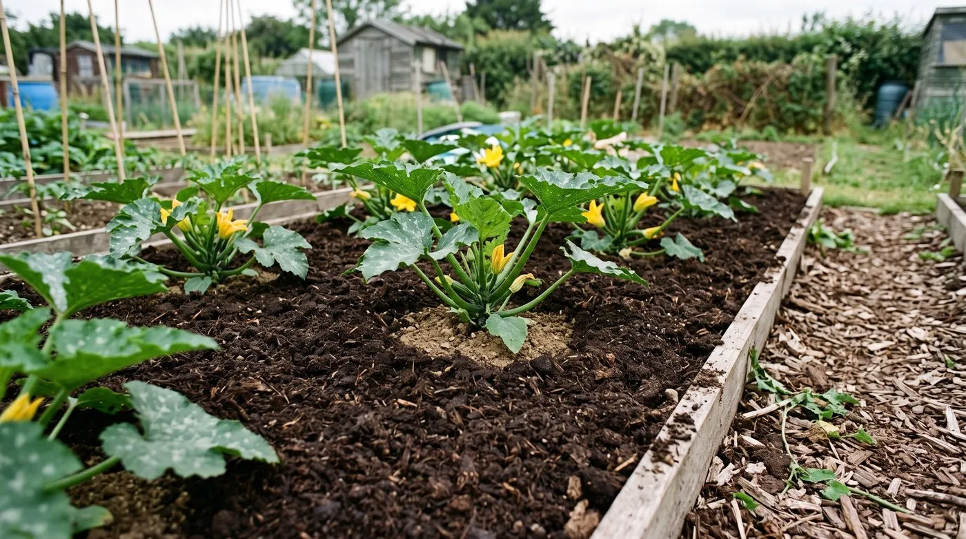 Courgettes mulched with well-rotted manure on an allotment bed, kept back from the stems to save watering