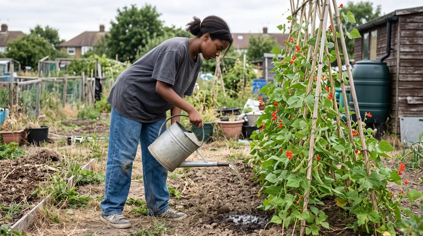 Teenager watering the base of flowering runner beans with a can on an allotment, where water matters most