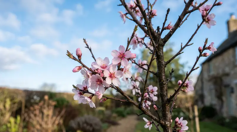 Pink almond blossom on a young UK garden tree in early March against blue sky showing the very early flowering that limits