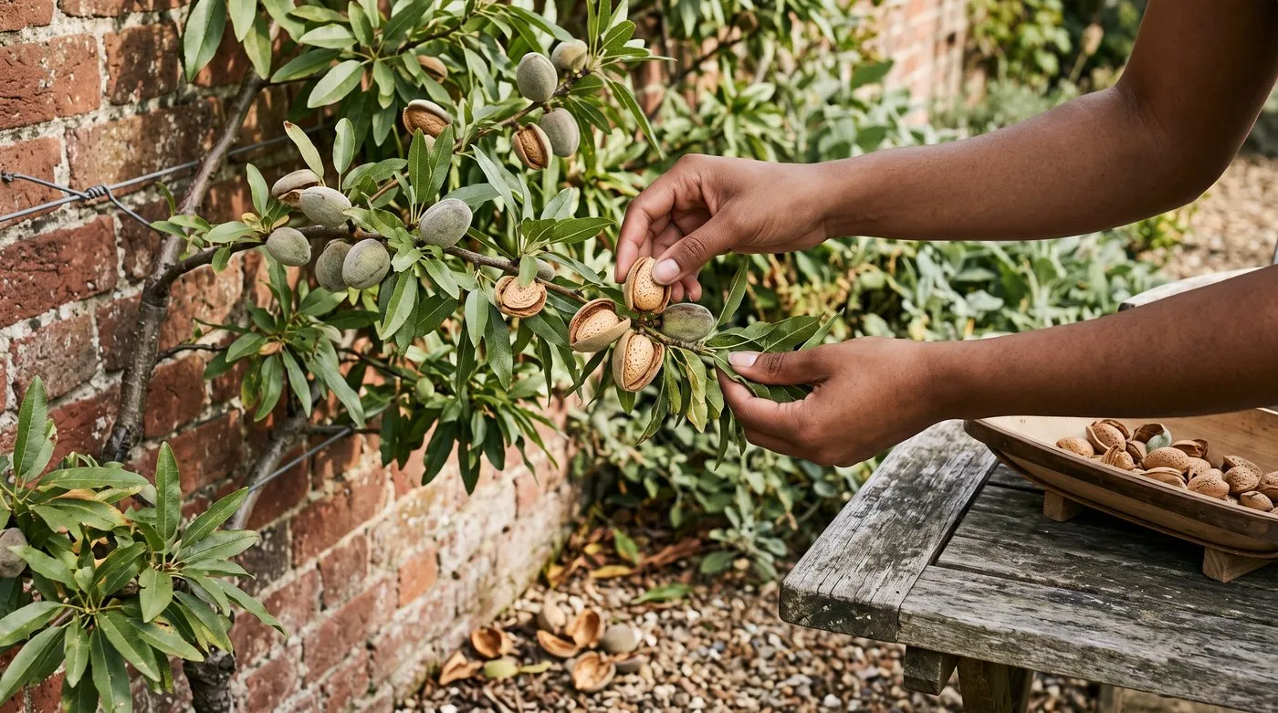 Hands picking almonds with split grey-green hulls showing the shells inside, with a tray of picked nuts