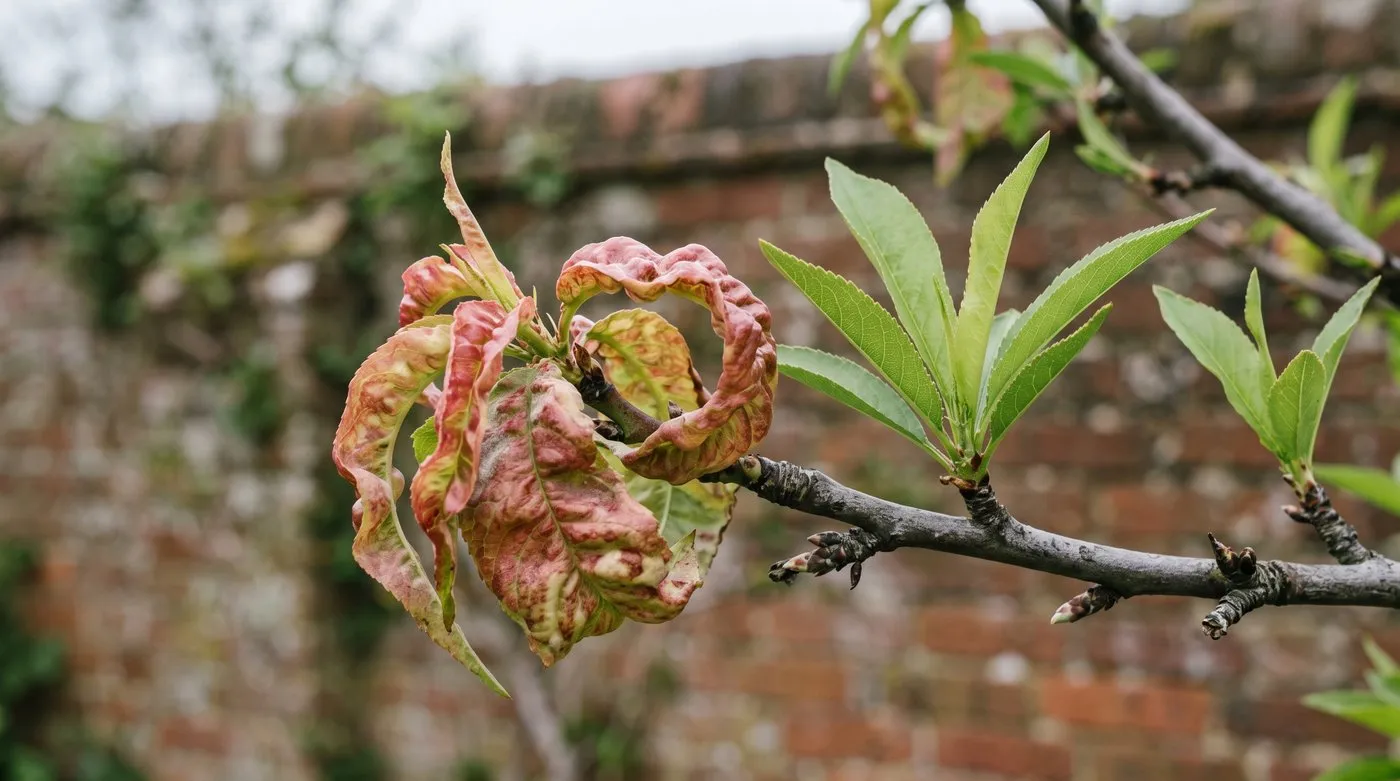 Almond leaves puckered and reddened by peach leaf curl beside healthy narrow green leaves
