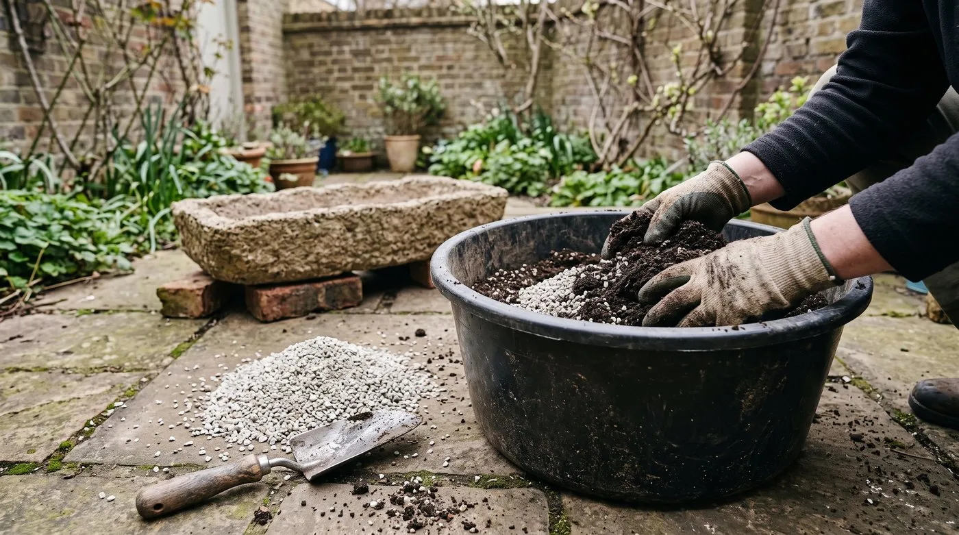 Gloved hands mixing loam-based compost with grey grit in a tub beside an empty alpine trough
