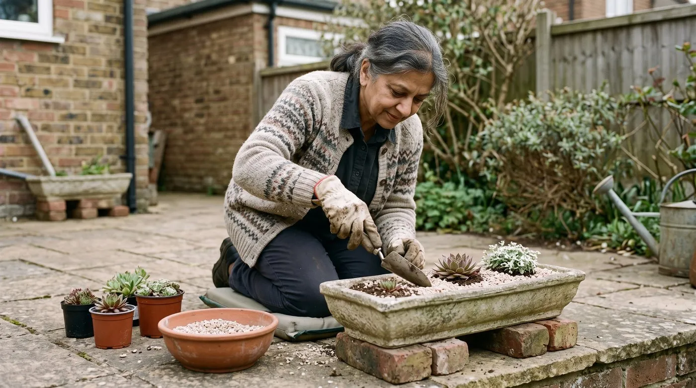 Gardener spreading grit around newly planted houseleeks and saxifrage in a raised alpine trough
