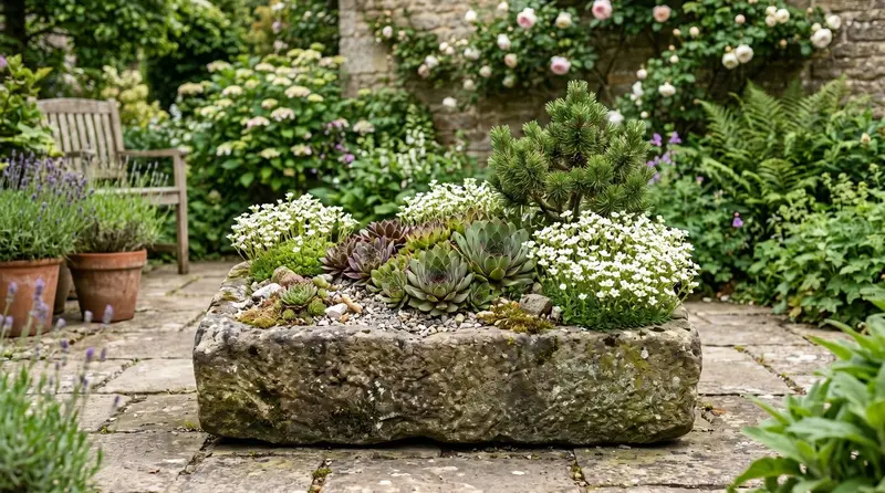Stone alpine trough planted with sempervivums saxifrage and dwarf conifer on a UK patio