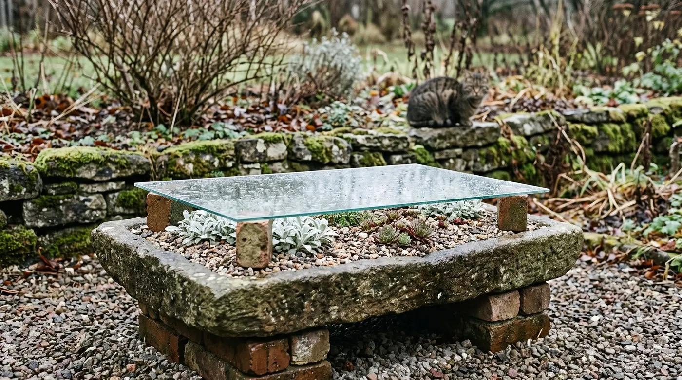 Alpine trough raised on bricks with a sheet of glass propped above woolly plants to keep off winter rain