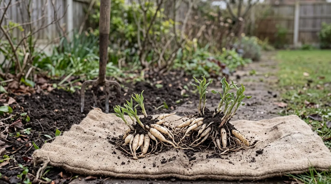 Lifted alstroemeria clump showing pale fleshy tubers and short new shoots, ready to divide in spring