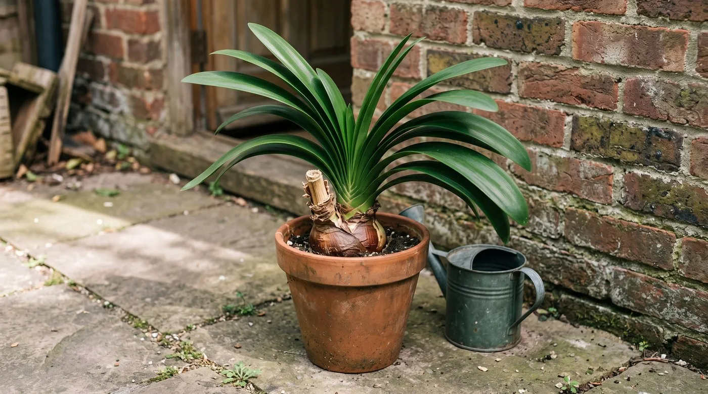Amaryllis bulb with its flower stalk cut back and strong strap-shaped leaves on a summer patio
