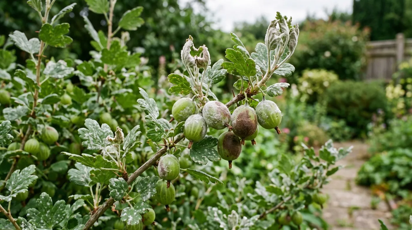 Gooseberry bush with white powdery American gooseberry mildew coating the shoot tips and berries in a UK garden