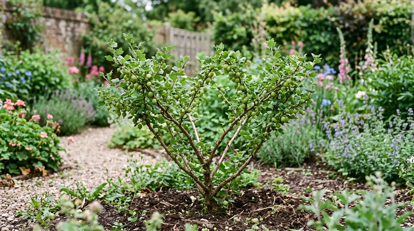 An open goblet-pruned gooseberry bush with a clear centre and evenly spaced branches in a UK garden