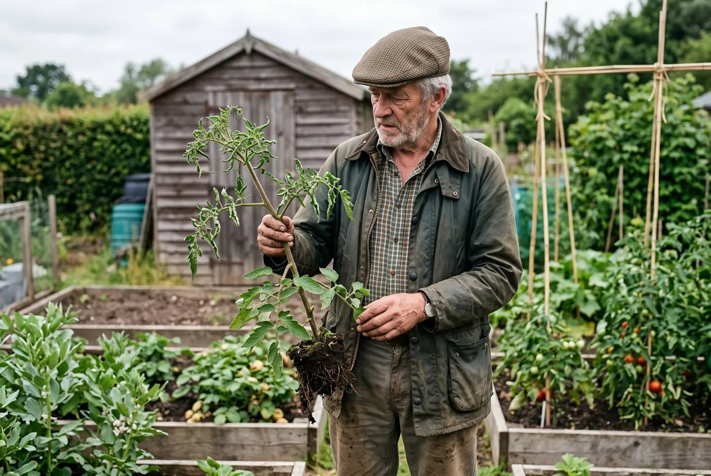 A man in his 60s at an allotment plot holding a tomato plant distorted by aminopyralid contaminated manure