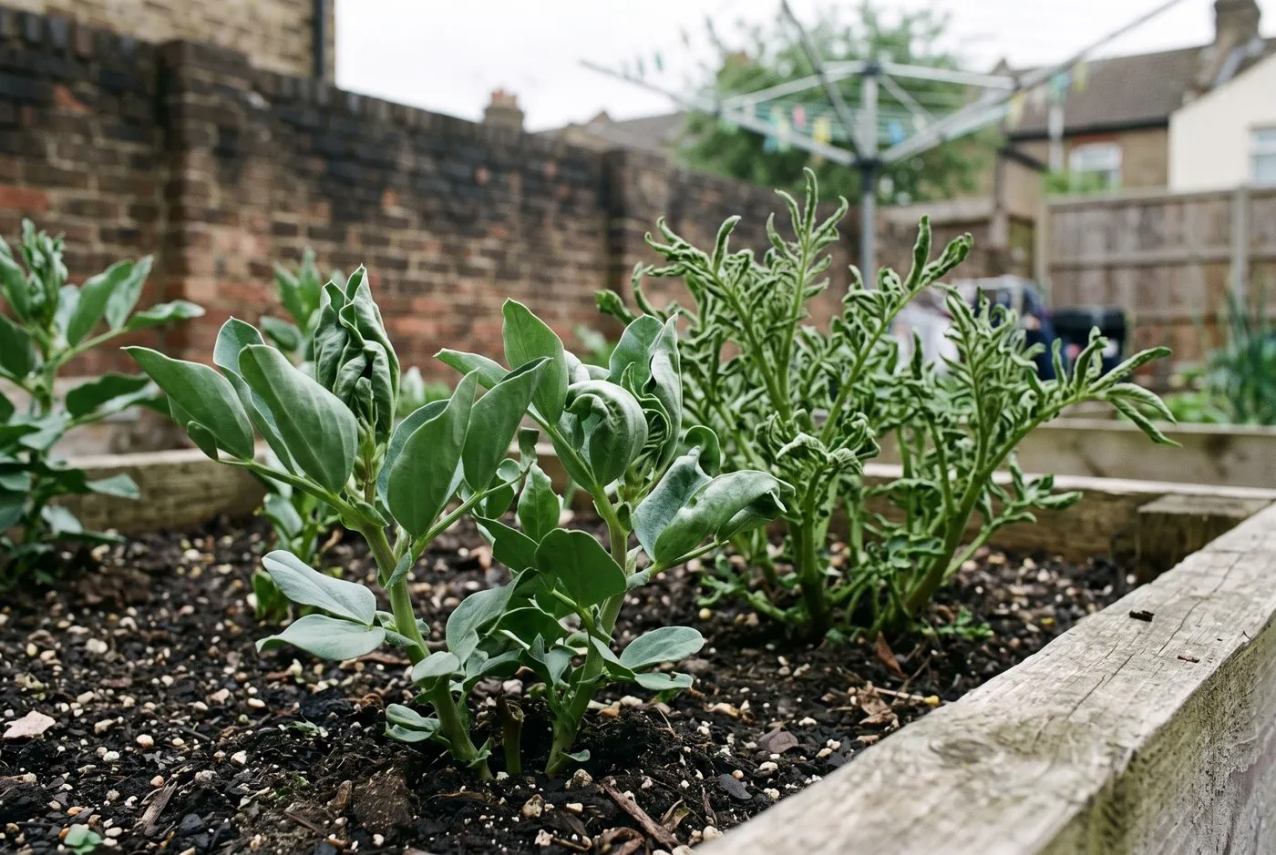 Cupped broad bean leaves and feathery potato shoots showing aminopyralid contaminated manure damage in raised beds