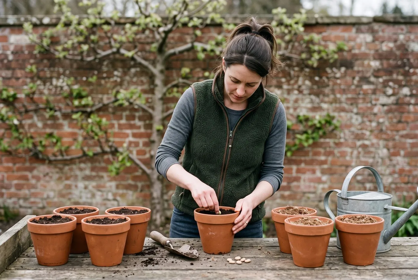 A woman in her 30s setting up a broad bean bioassay test in matching pots on a potting bench in a walled garden