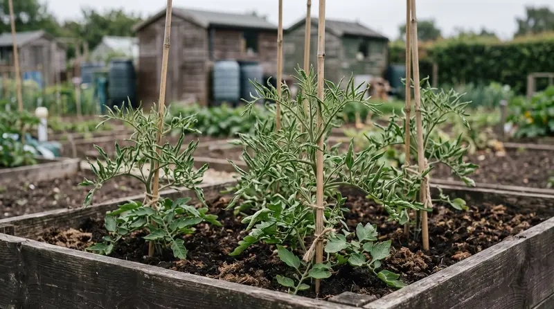 Tomato plants with ferny, twisted leaves from aminopyralid contaminated manure in a UK raised bed