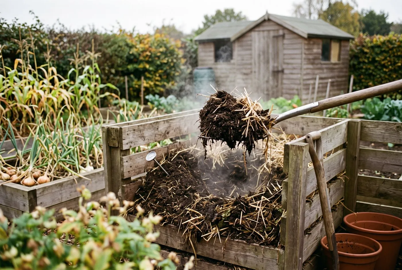 Turning a steaming hot compost heap with a garden fork to break down aminopyralid contaminated manure in a home veg garden