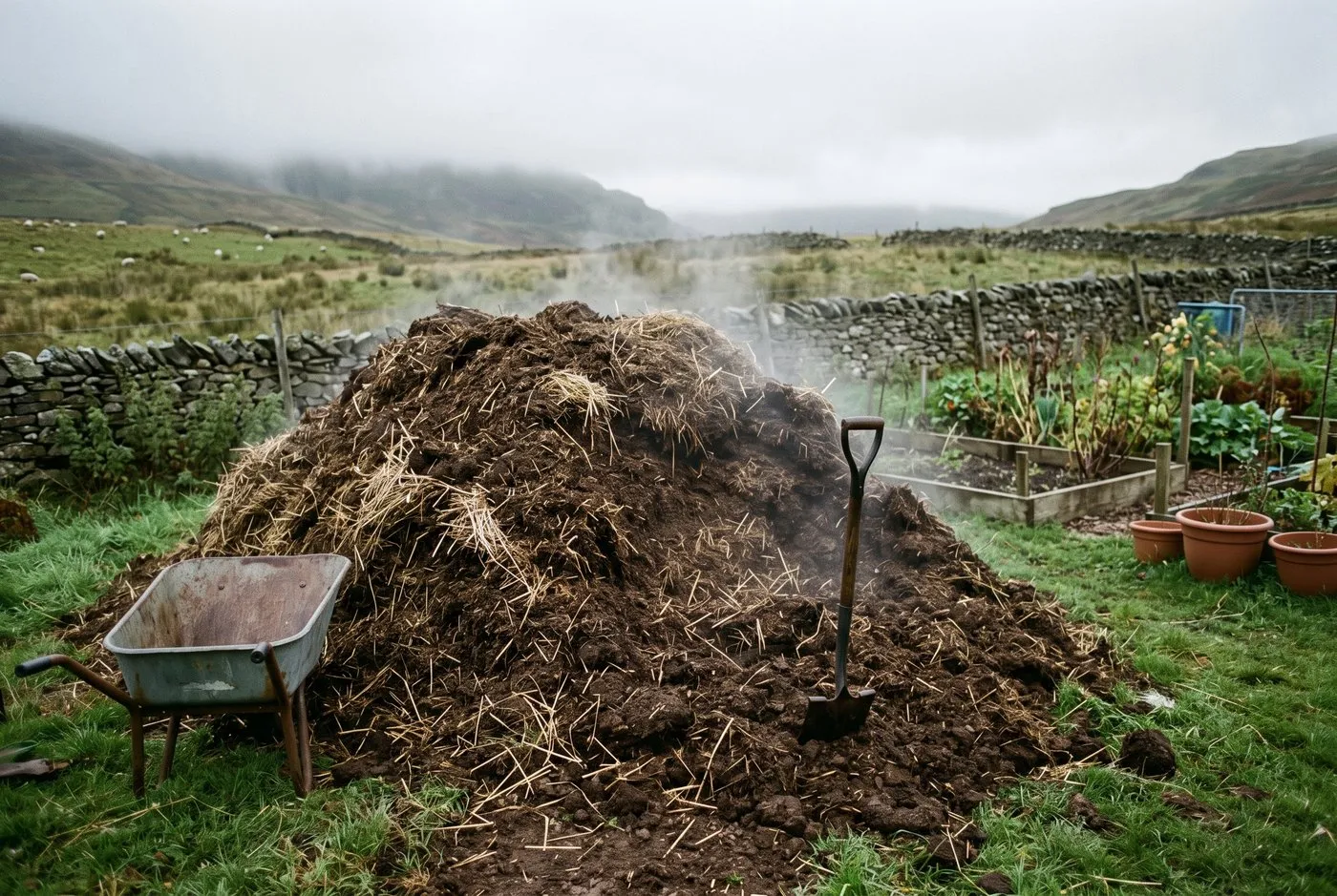 Steaming farmyard manure heap beside a Welsh hillside garden, a common source of aminopyralid contaminated manure